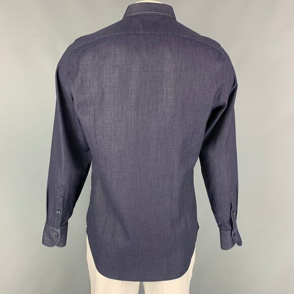 FINAMORE Size L Navy White Dots Cotton Button Up Long Sleeve Shirt - Picture 3 of 5
